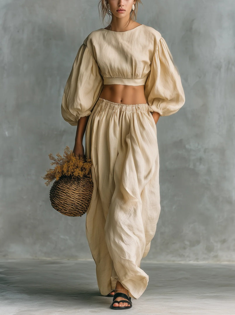 Women's Puff-Sleeve Cropped Two-Piece Set with Pocket Trousers - Image 6