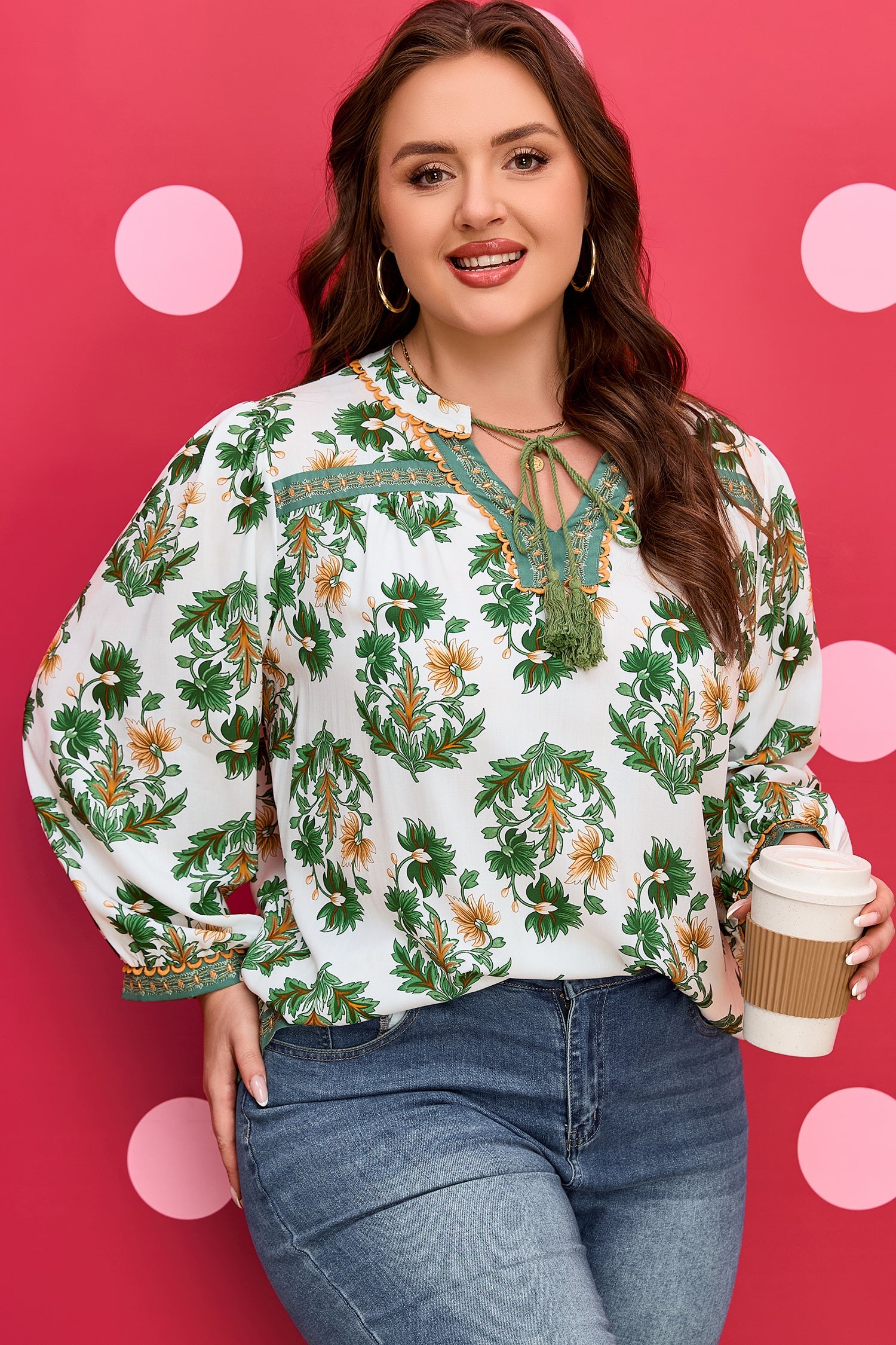 Green Plus Size Floral Printed Contrast Patchwork Detail Tassel Tie 3/4 Sleeve Blouse