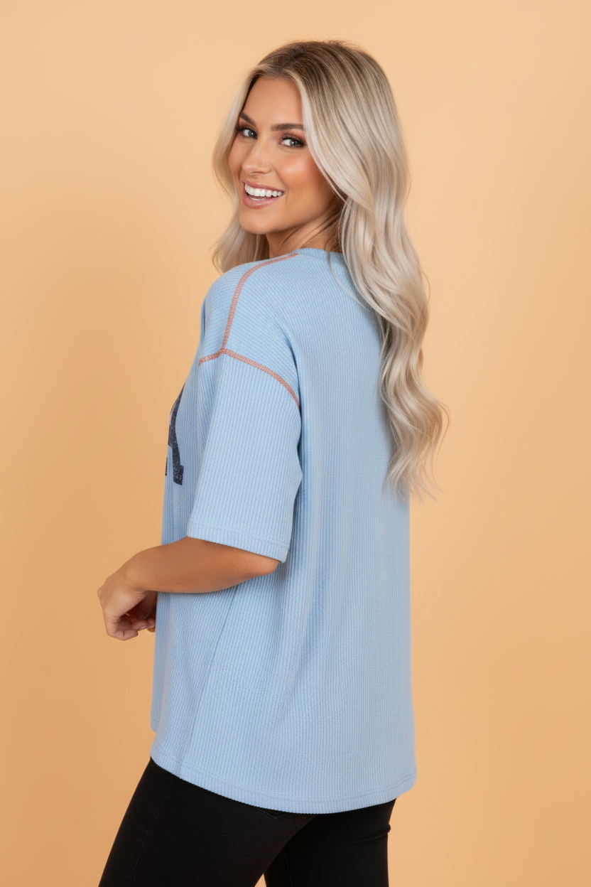 USA Graphic Corded Knit Short Sleeve Tee in Light Blue - Image 2