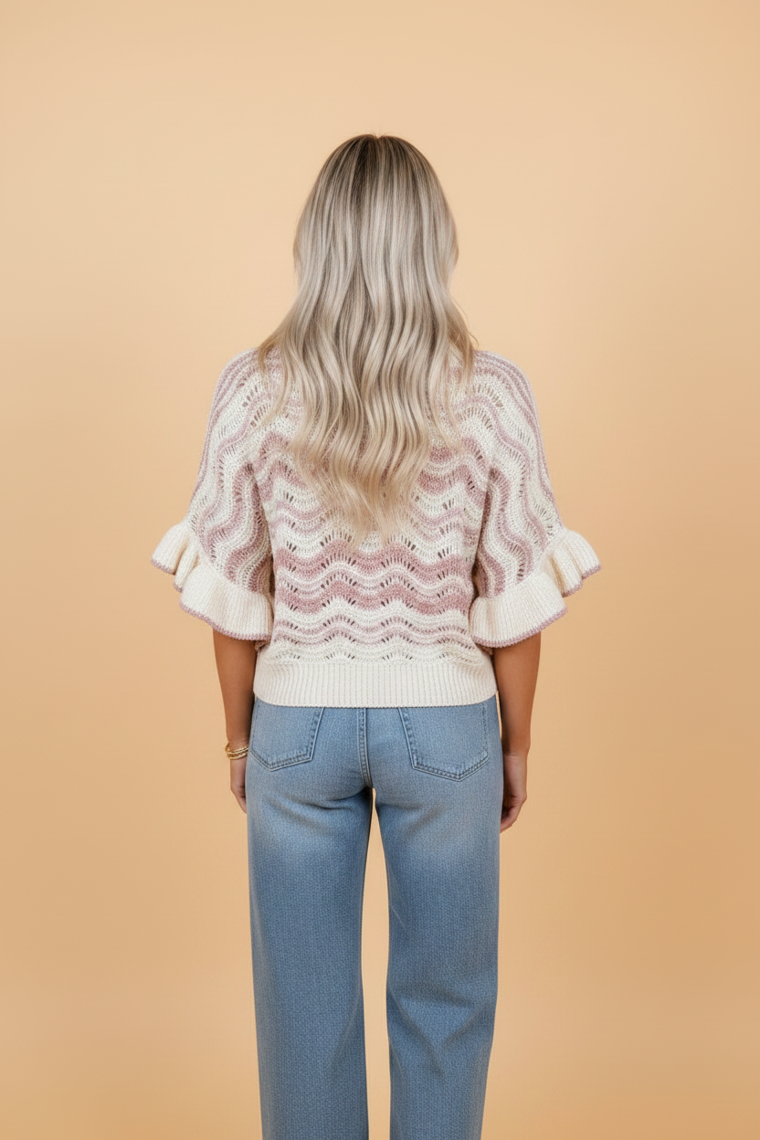 Wavy Stripe Ruffle Sleeve Crochet Sweater in Cream and Mauve - Image 2