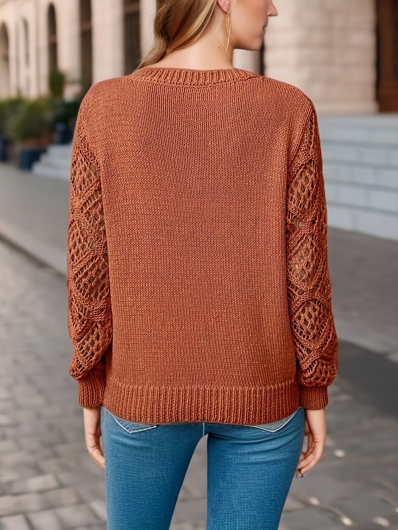 Loose Hollow Knitted Sweater Women’s Long-Sleeve V-Neck Pullover