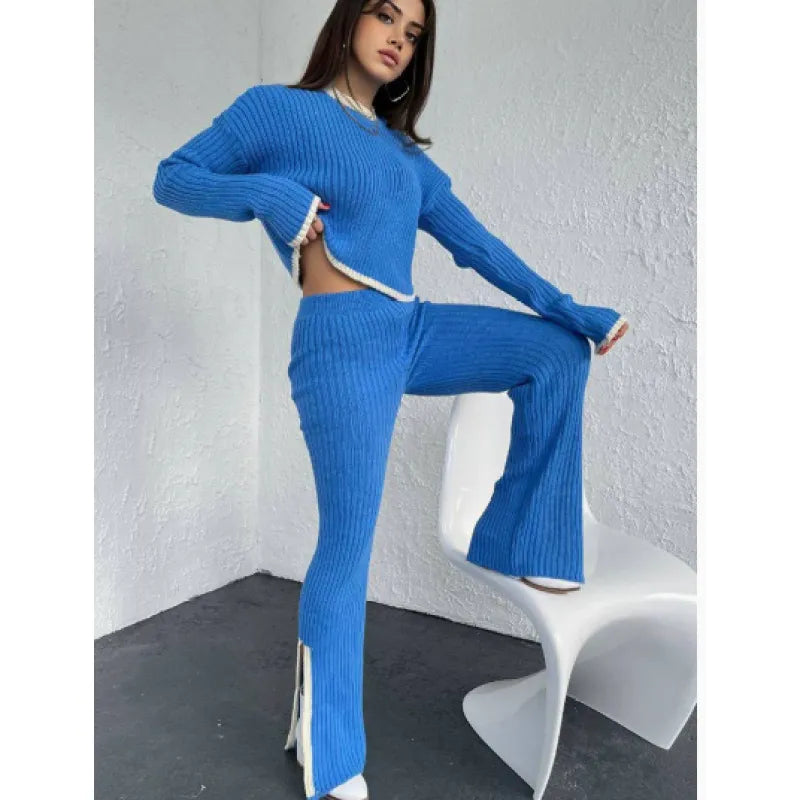 Women's Casual Ribbed Color-Block Two-Piece Crop Top & Pant Set
