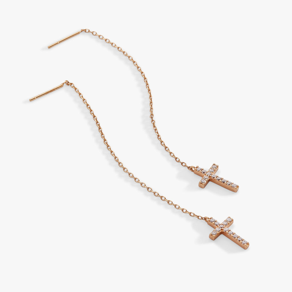 Cross Delicate Pave Crystal Threader Earrings in Gold Plated