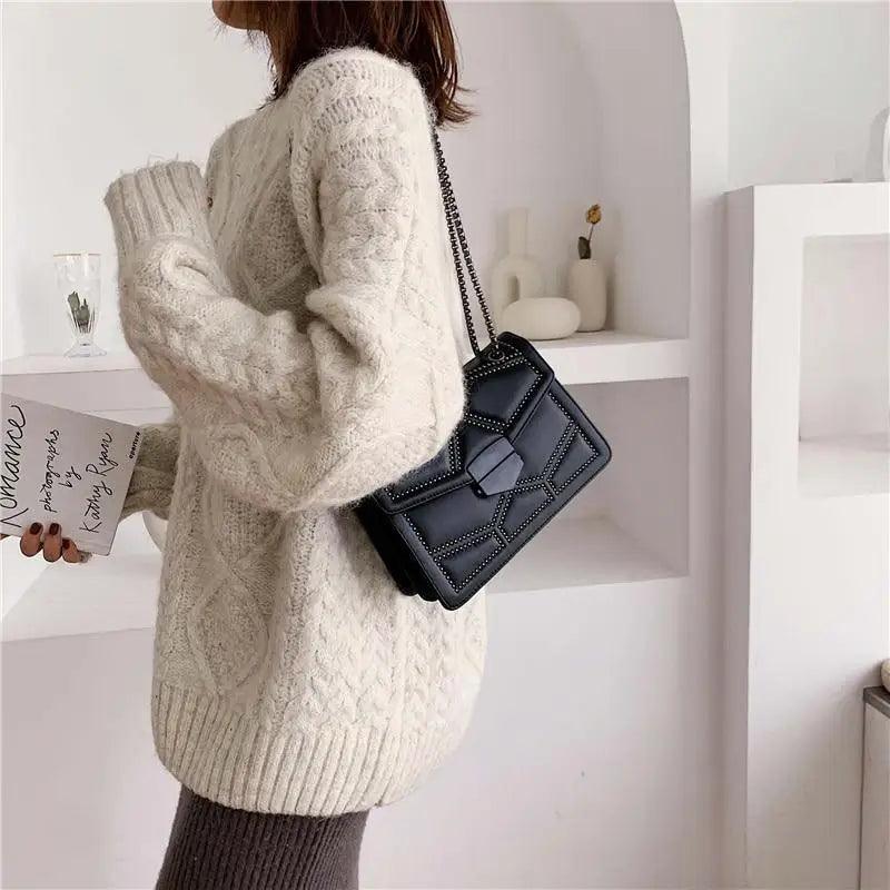 Classic Black PU Leather Crossbody Chain Bag for Girls