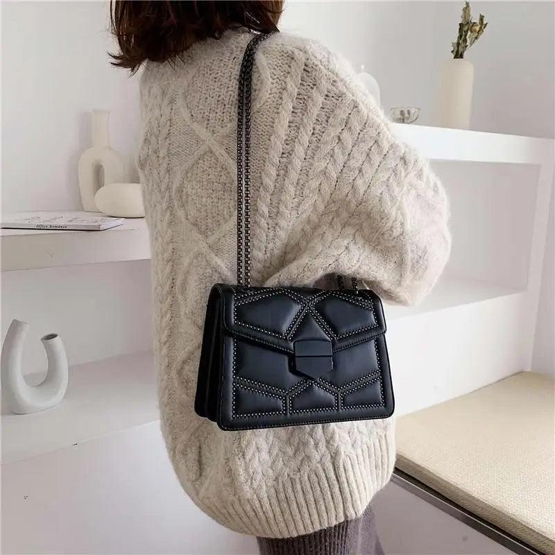 Chic black PU leather girls crossbody handbag with chain strap