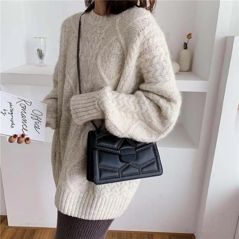 Classic Black PU Leather Crossbody Chain Bag for Girls
