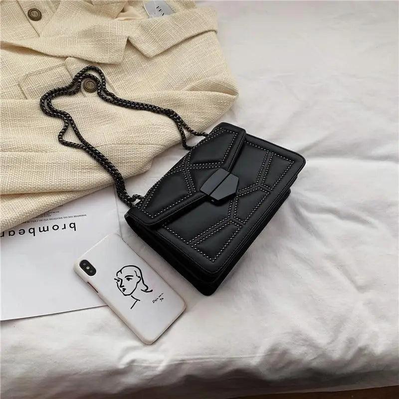 Classic Black PU Leather Crossbody Chain Bag for Girls