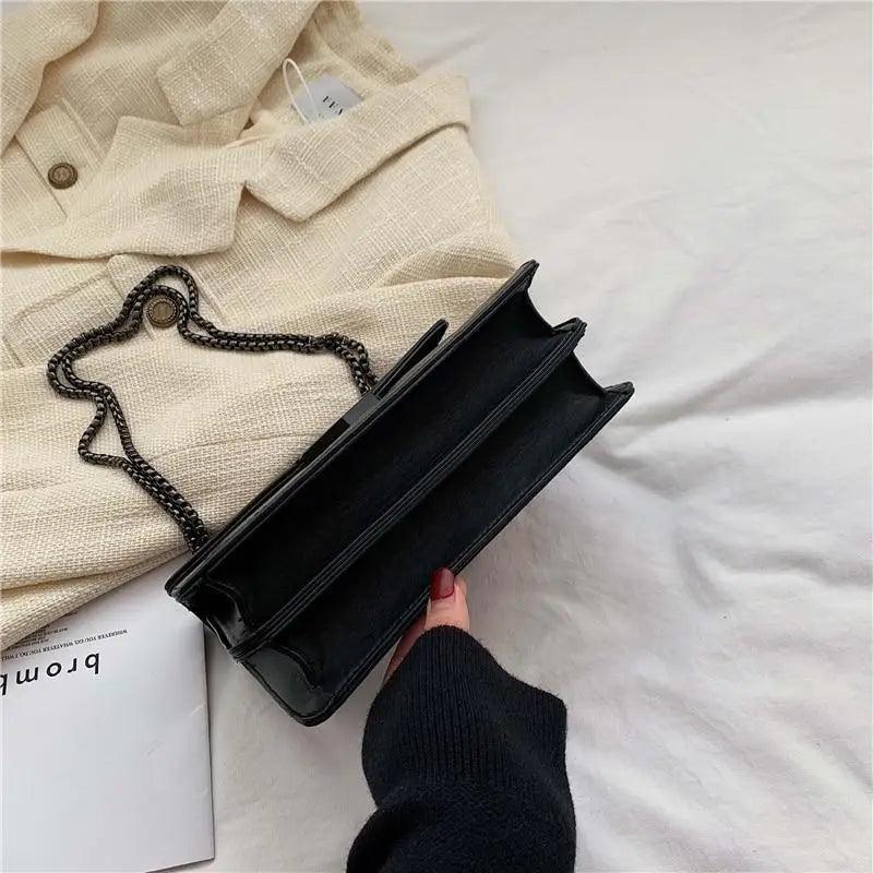 Classic Black PU Leather Crossbody Chain Bag for Girls