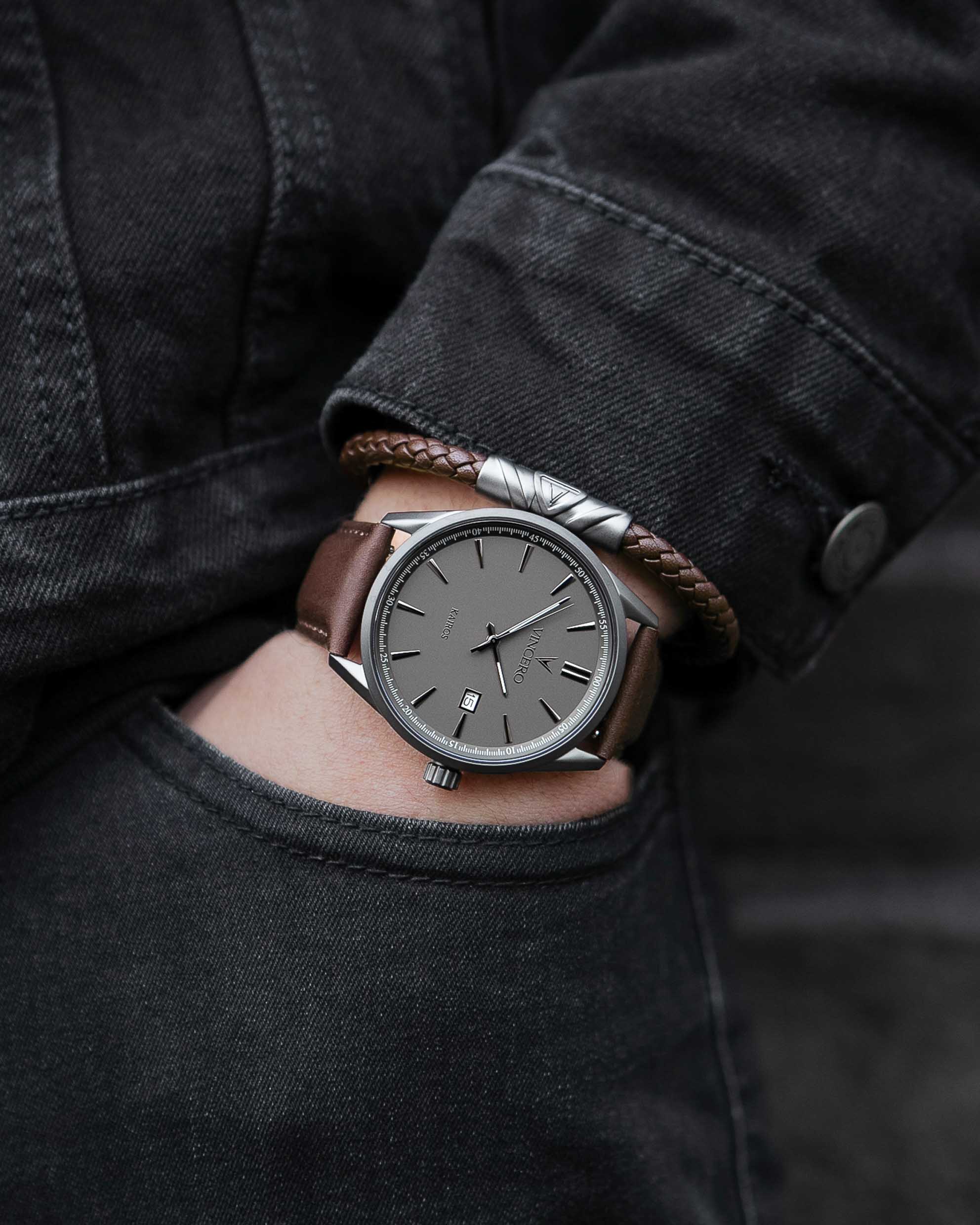 Delta Single Leather Bracelet in Mocha and Gunmetal