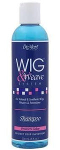 8 fl. oz. bottle of DeMert Wig and Weave Shampoo with translucent blue liquid and navy label.