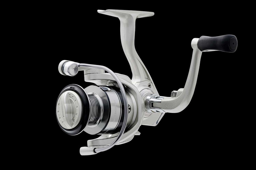 A silver Denali Lite spinning fishing reel on a black background