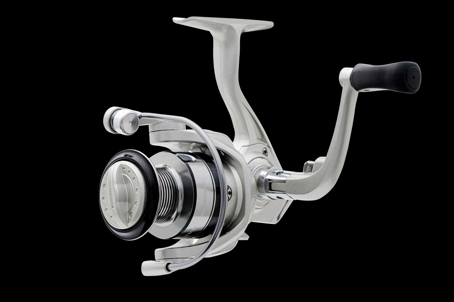 A silver Denali Lite spinning fishing reel on a black background