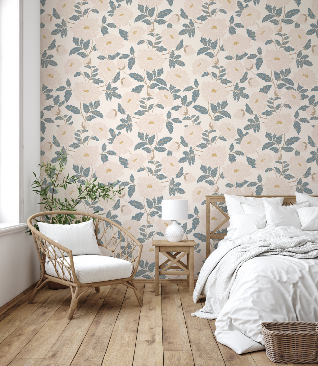 Riley Floral Removable Wallpaper in Cream and Muted Sage Green