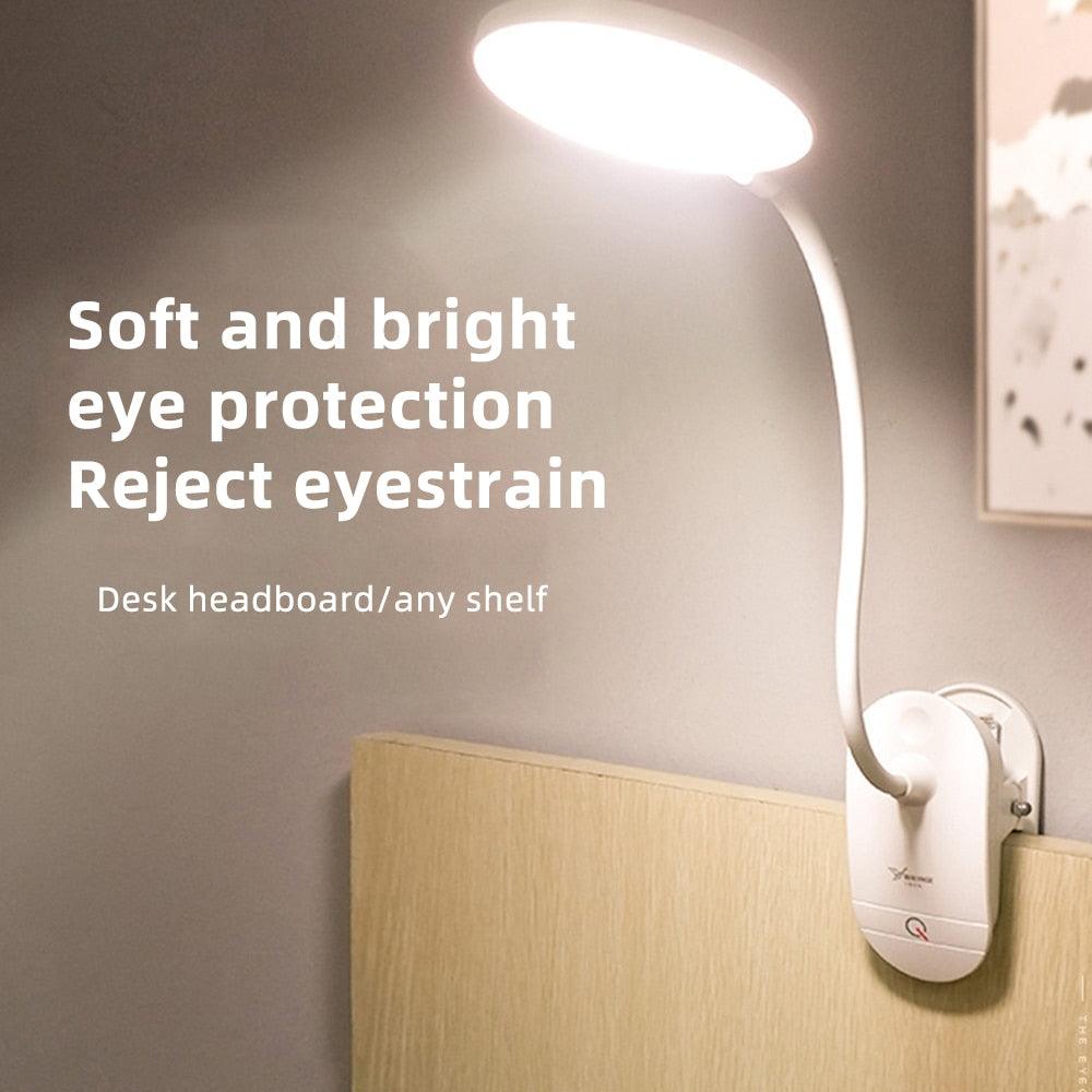 White flexible LED clip-on desk lamp suitable for bedside and office reading