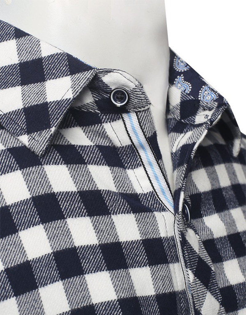 Men's Printed Flannel Long Sleeve Shirt in Navy Blue and White