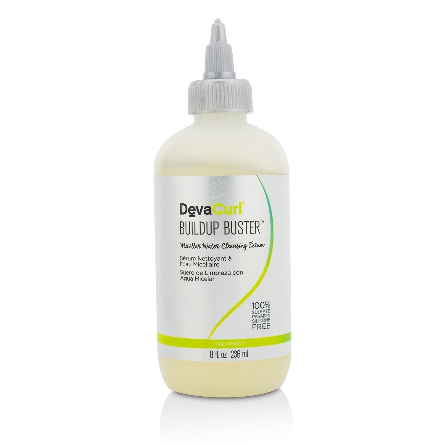 DevaCurl Buildup Buster Micellar Water Cleansing Serum bottle in white, green, and yellow packaging.