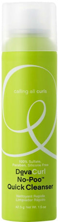 DevaCurl No-Poo Quick Cleanser spray bottle in green and white packaging.