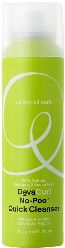 DevaCurl No-Poo Quick Cleanser spray bottle in green and white packaging.