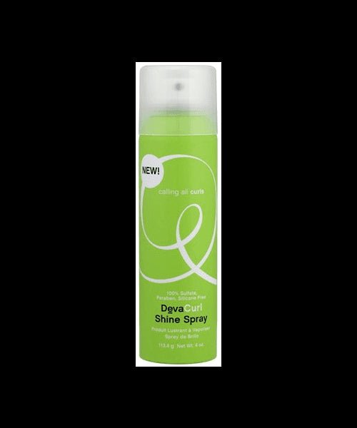 4 oz bottle of DevaCurl Shine Spray in bright lime green packaging with white text.