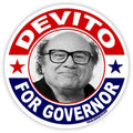 DeVito for Governor vinyl sticker in red, blue, and white colors, pop-culture humor design.