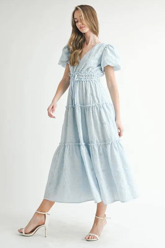 Eyelet Lace Puff Sleeve V-Neck Midi Dress