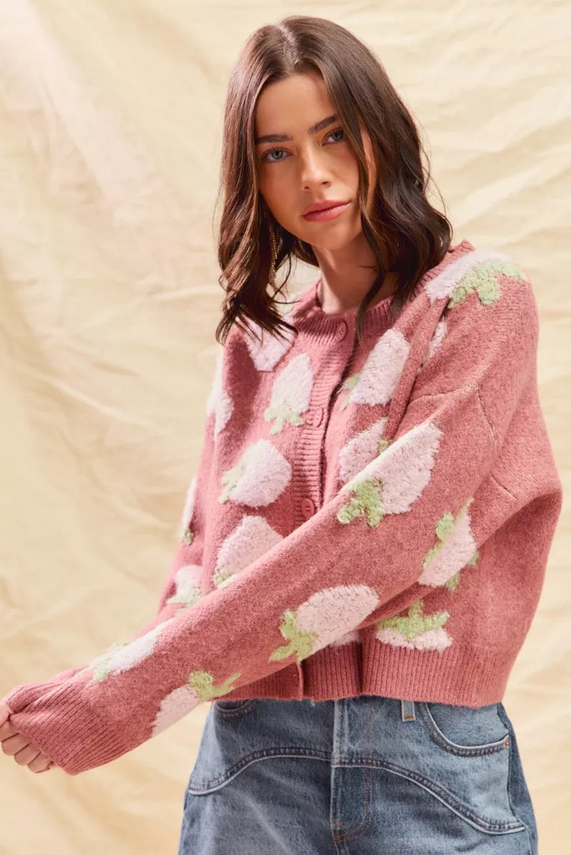 Strawberry All-Over Button Cardigan in Marsala