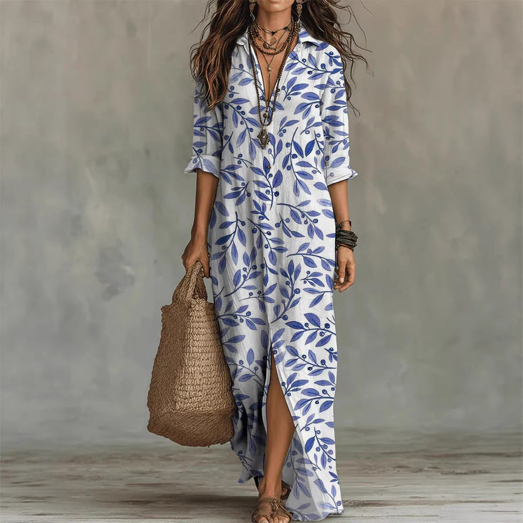 Digital Print Lapel Midi Shirt Dress with 3/4 Sleeves - Image 4