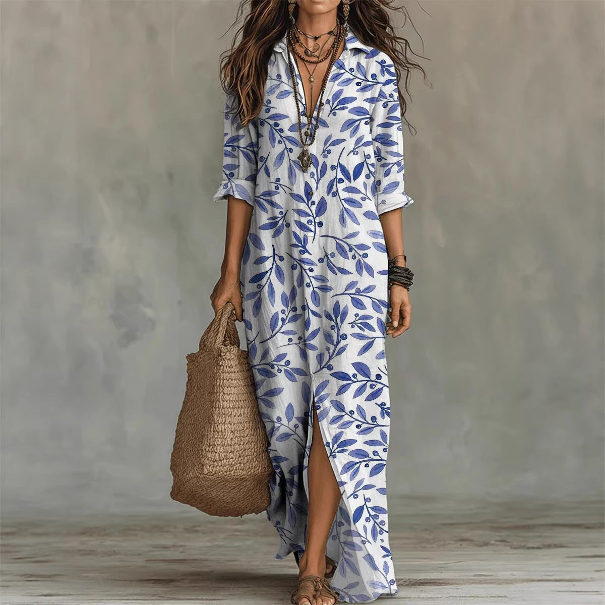 Digital Print Lapel Midi Shirt Dress with 3/4 Sleeves - Image 4