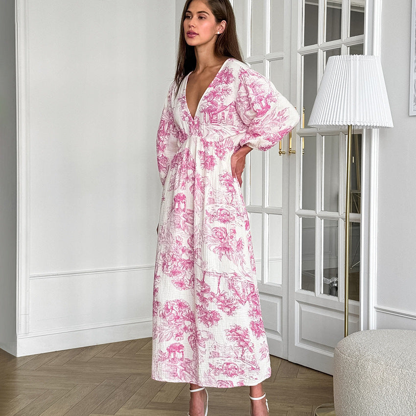 Floral A-Line V-Neck Dress with Lantern Sleeves in Cotton Linen