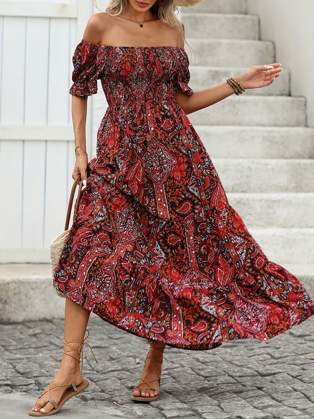 Women’s Paisley Off-Shoulder Smocked Maxi Dress - Image 2