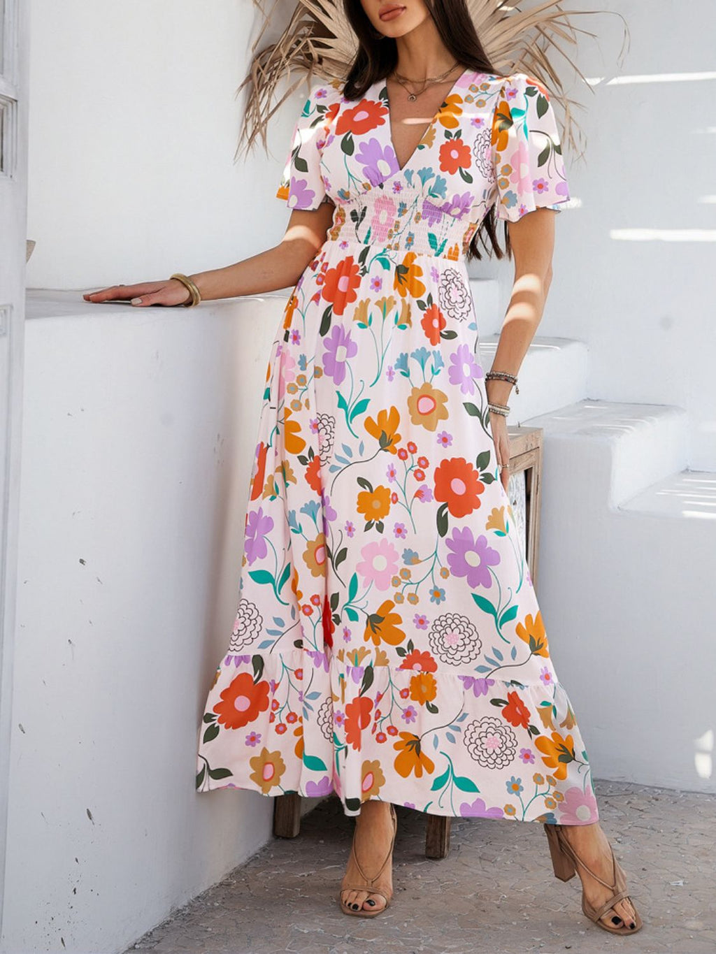 Printed V-Neck Short Sleeve Maxi Dress with Smocked Detail