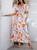Printed V-Neck Short Sleeve Maxi Dress with Smocked Detail