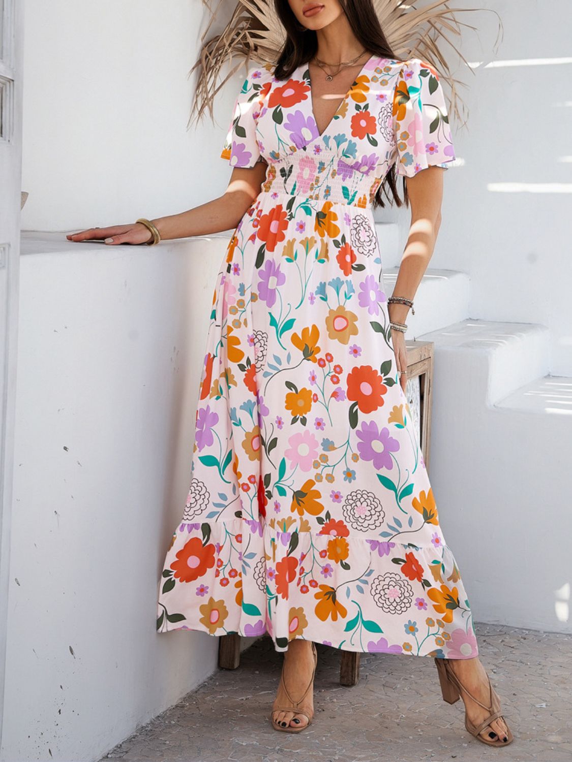 Printed V-Neck Short Sleeve Maxi Dress with Smocked Detail