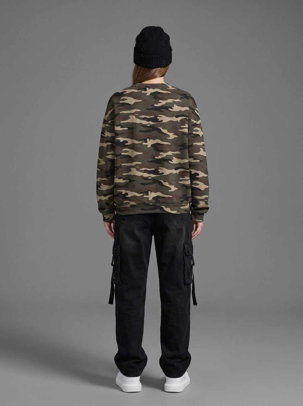 Camo Print Oversized Crewneck Sweatshirt in Olive Green