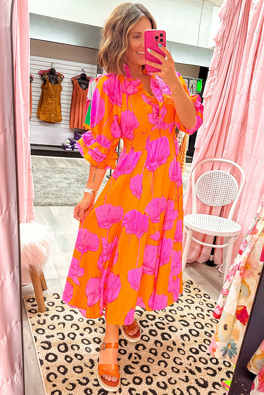 Orange Floral Print Frill Smocked V Neck 3/4 Sleeve Maxi Dress