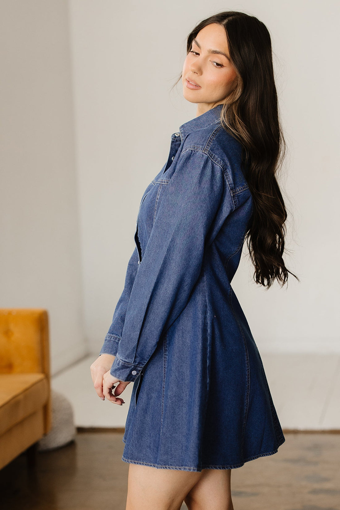 Zoe Long Sleeve Denim Flared Mini Dress in Classic Blue - Image 3