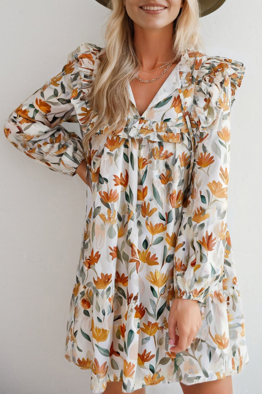 Yellow Floral Print Tie Neck Long Sleeve Ruffle Mini Dress - Image 2