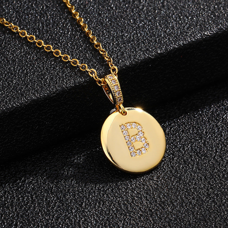 Gold Plated Zircon Initial Disc Necklace Personalized Pendant