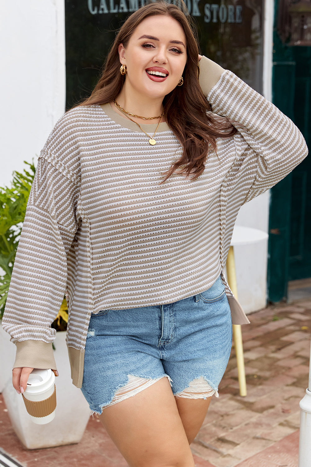 Plus Size Stripe Knit Ribbed Long Sleeve Top