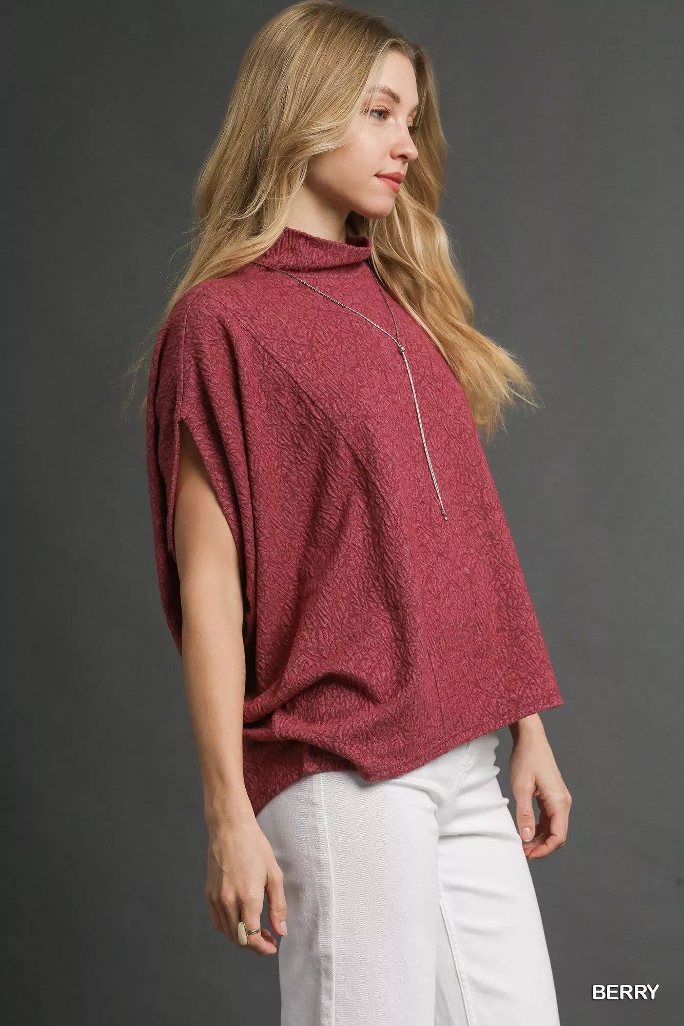 Textured Mock Neck Relaxed Top in Berry