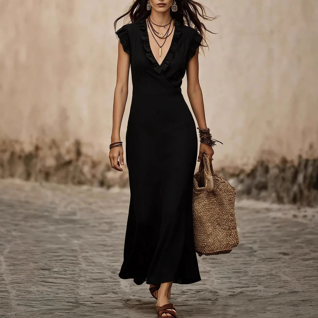 Women's V-Neck Cotton-Linen Ruffle Trim Flutter Sleeve Midi Dress - Image 5
