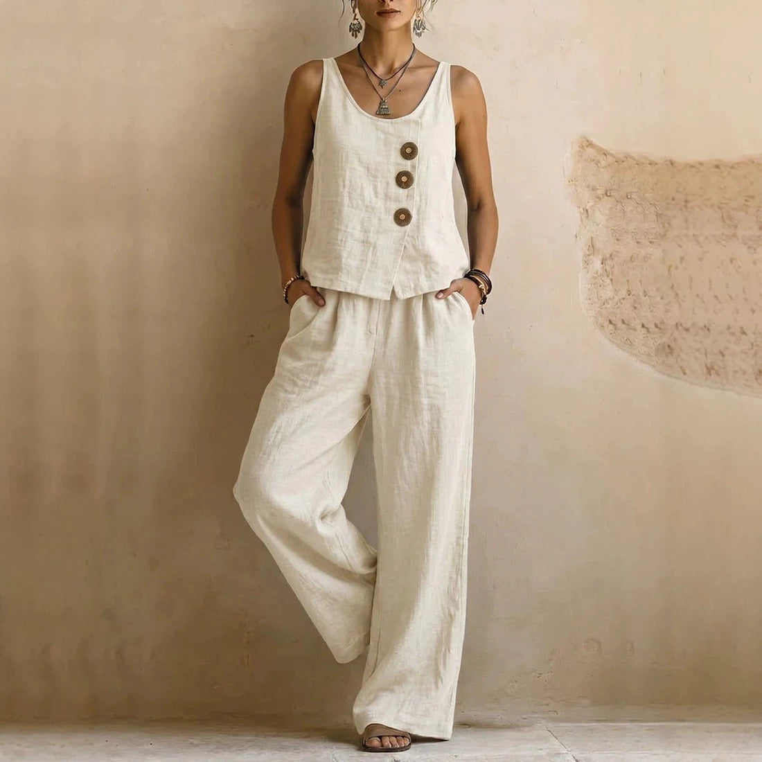 Women's Cotton Linen Sleeveless Tank Top and Wide Leg Pants Set