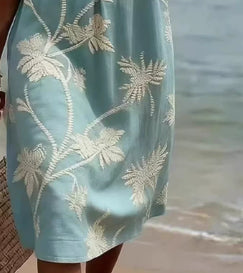 Women's Light Blue Palm Tree Print V-Neck Midi Dress with Ruffles - Image 5