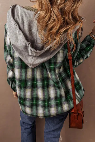 Dark Green Plaid Drawstring Hooded Jacket with Pockets