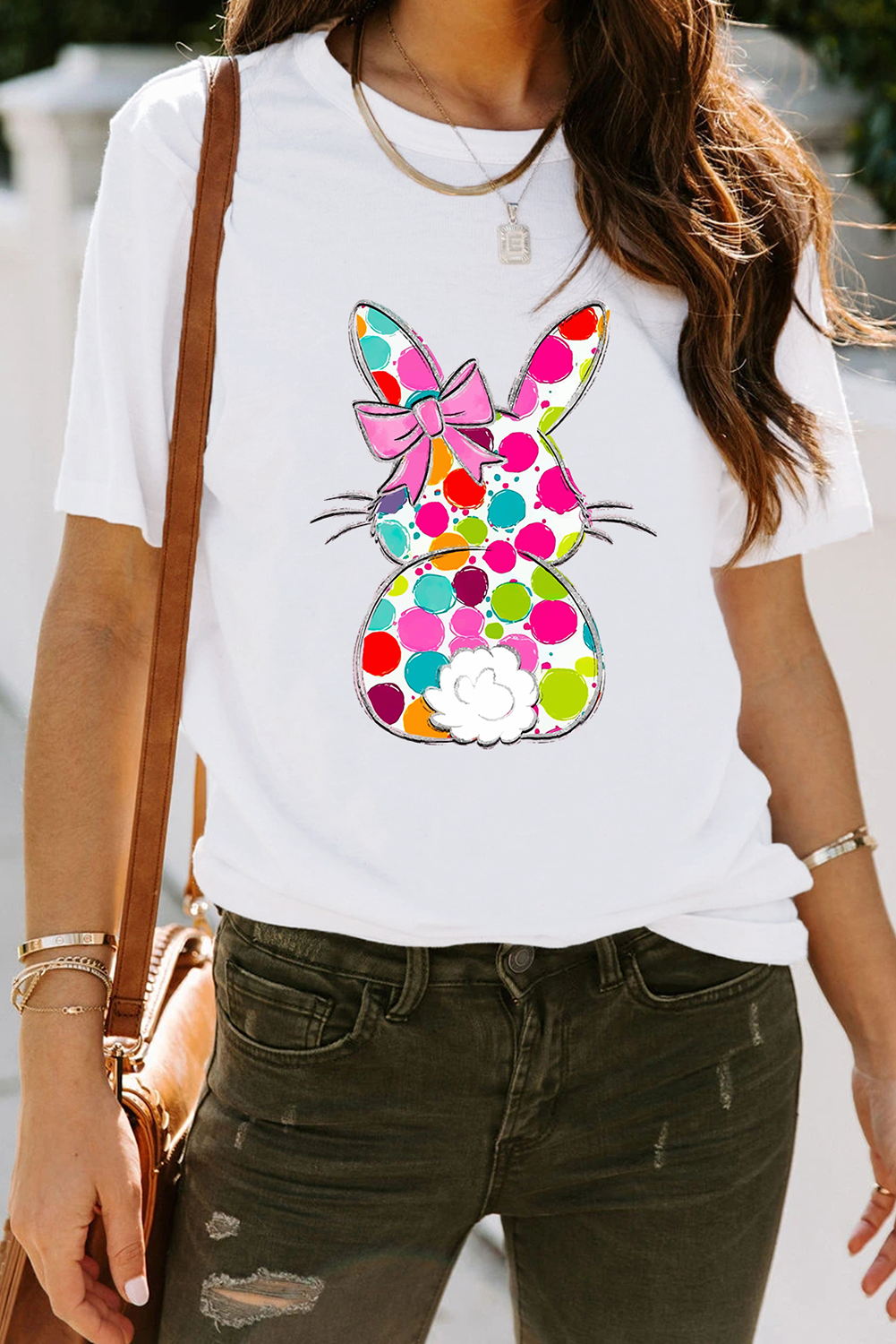 White Polka Dot Bow Rabbit Graphic Crewneck Easter T-Shirt
