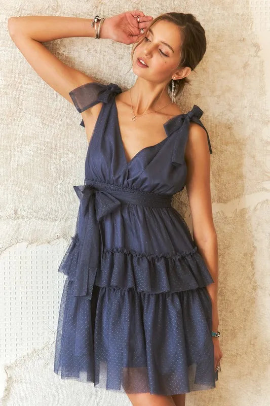 Polka Dot Mesh Tie Shoulder Dress for Retro Summer Style