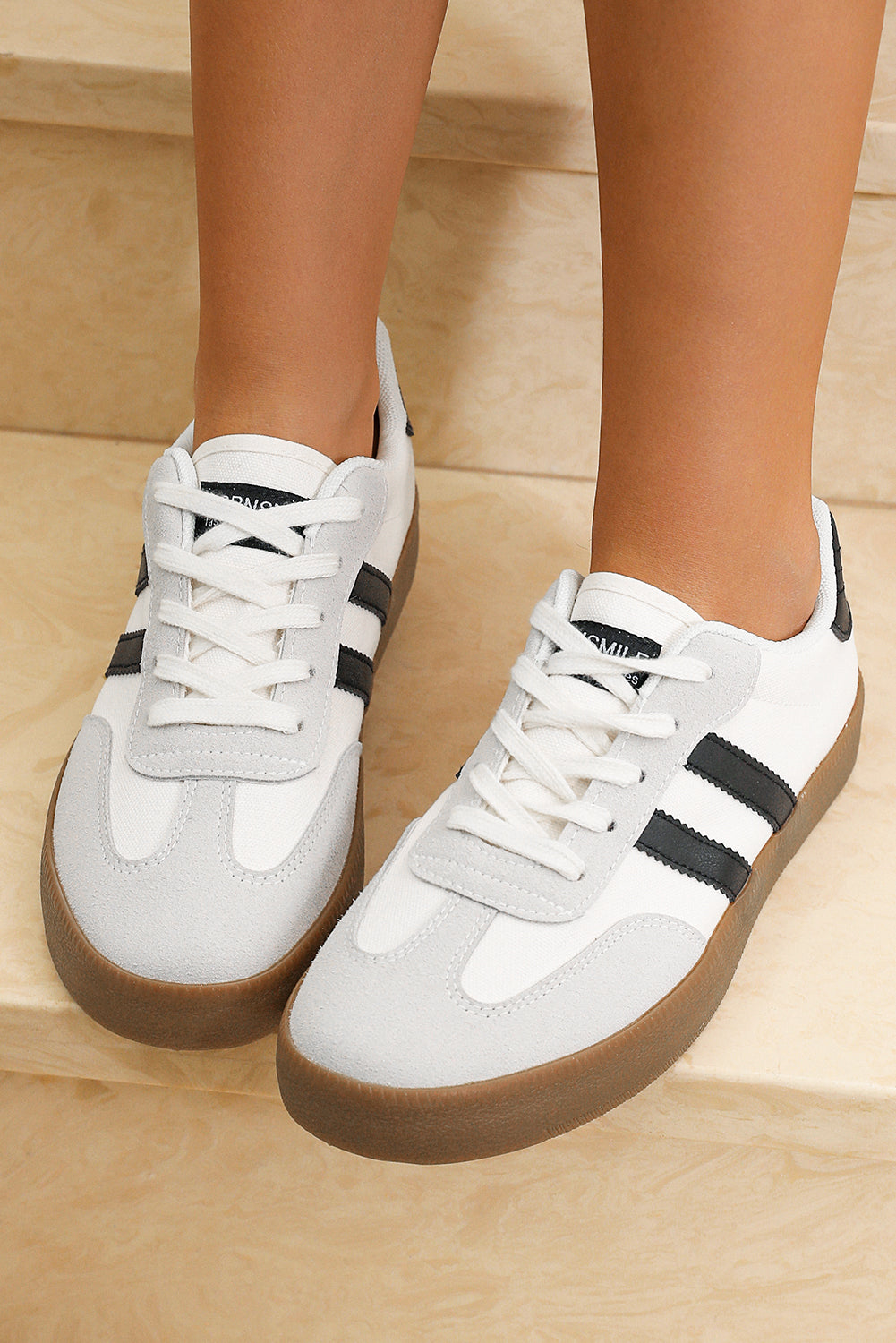 White Striped Lace Up Flat Sneakers Casual Retro Tennis Shoes - Image 2