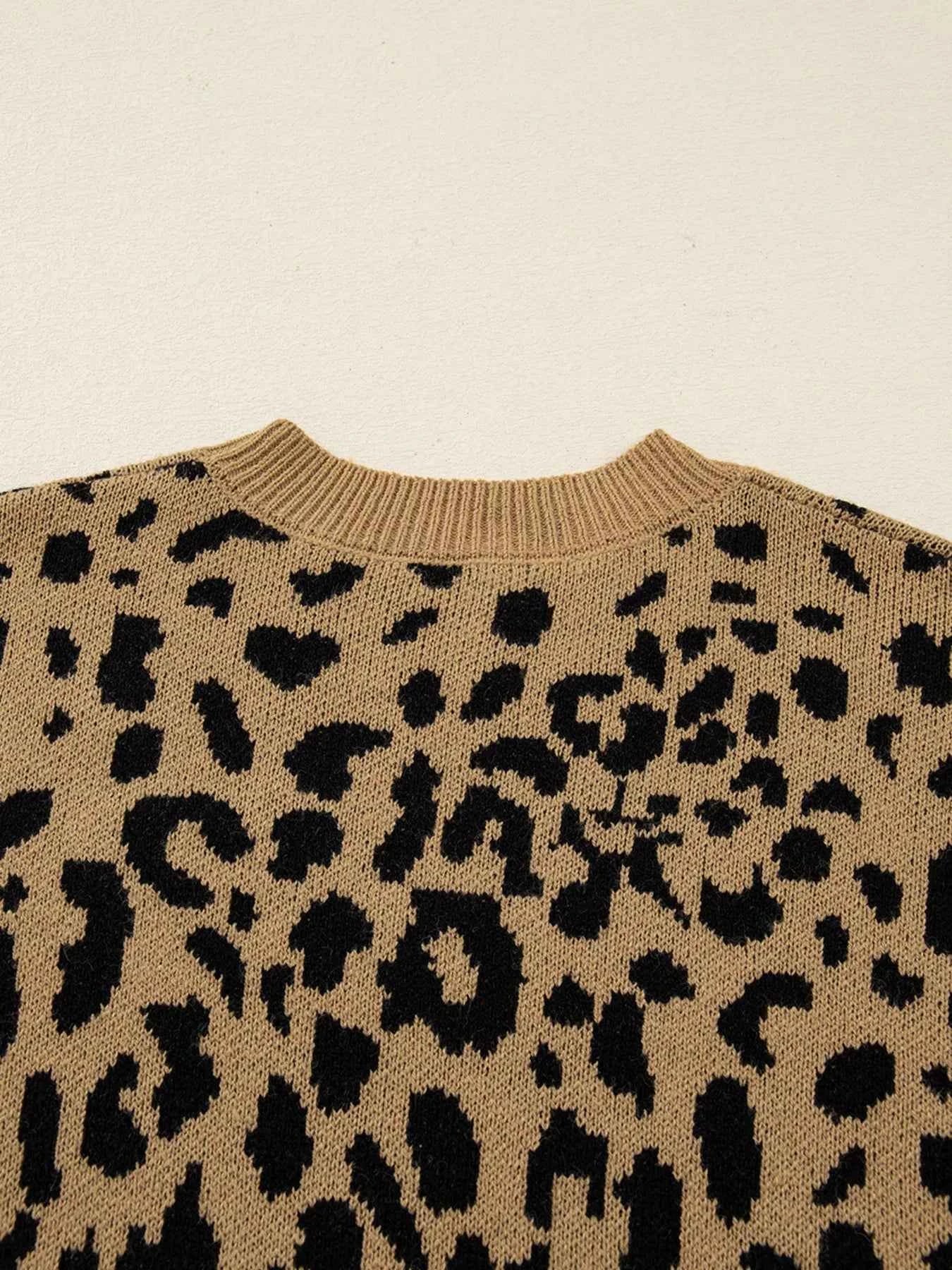 Ribbed Trim Round Neck Leopard Drop Shoulder Sweater