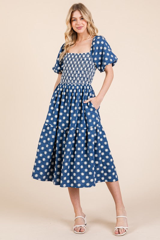 Romantic Floral Embroidered Puff Sleeve Tiered Midi Dress
