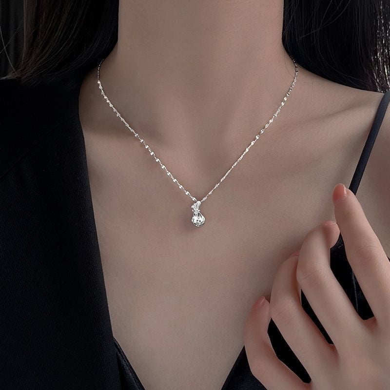 999 Sterling Silver Hollow Cutout Lucky Money Bag Pendant Necklace